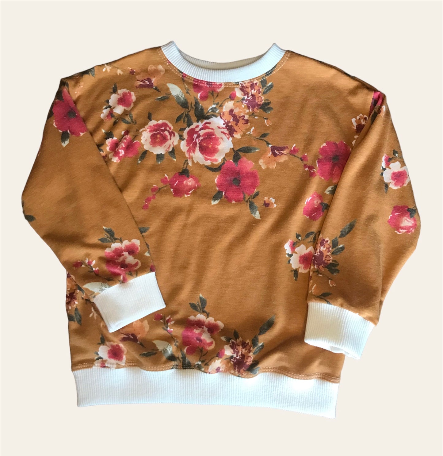 Mustard Floral Original Crewneck Sweatshirt with Cream Ribbing