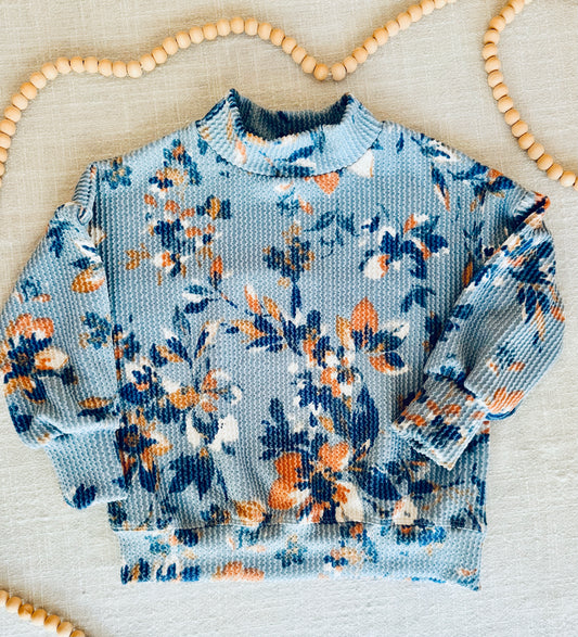 Blue Floral Urban Rib Oversized Mock Neck Grow with Me Sweatshirt