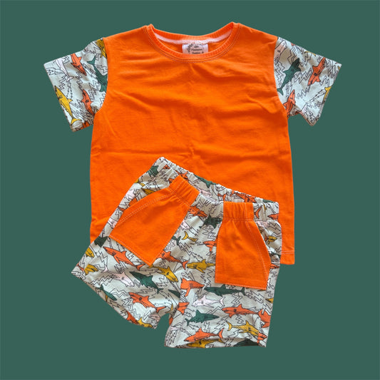Orange with Sharks Casual Crew T
