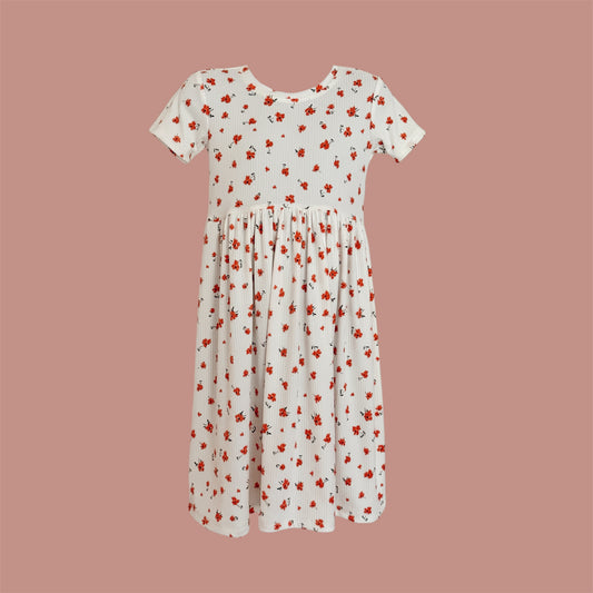 White with Red Ditsy Floral Long Grow with Me Dress
