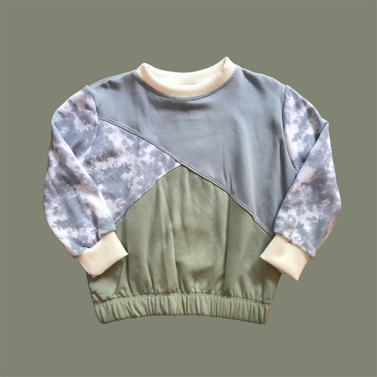 Blue and Sage Color Blocked Oversized Elastic Sweatshiet